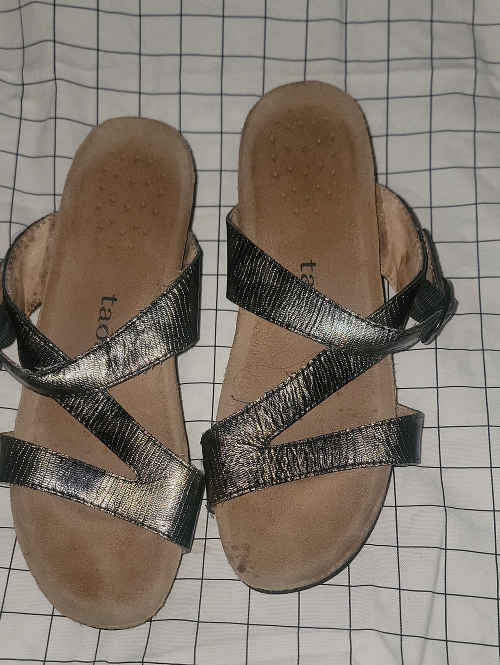 Taos Footwear Metallic Black Strappy Slide Sandals
